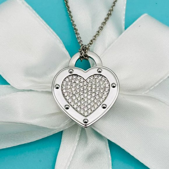 Tiffany & Co. Pave Diamond White Gold Heart Necklace Adjustable Length